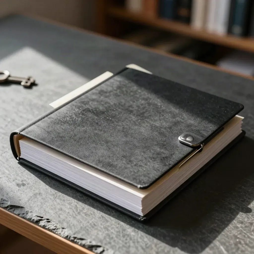 Charcoal document review folder with dividers, clips, and a silver pen on slate stone.
