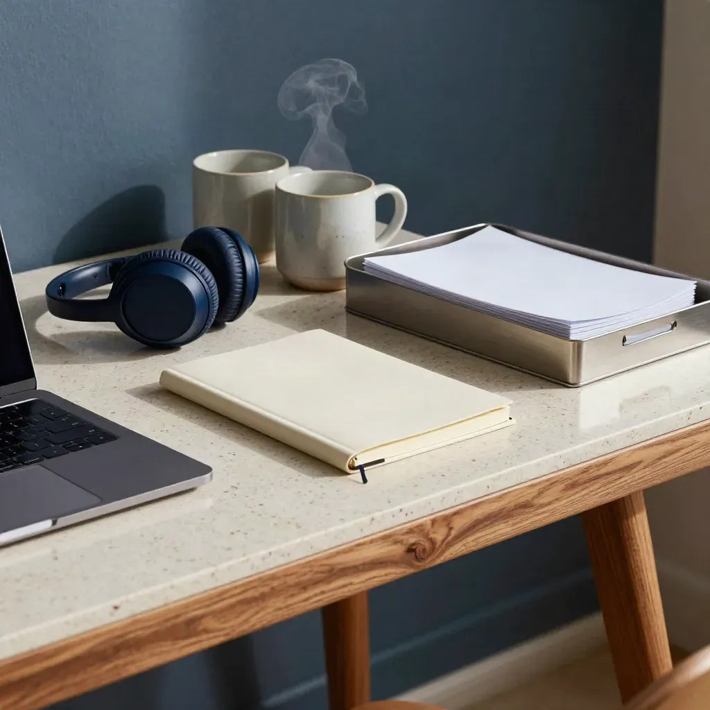 Low-angle coordination desk with headset, mugs, closed laptop and rising steam.