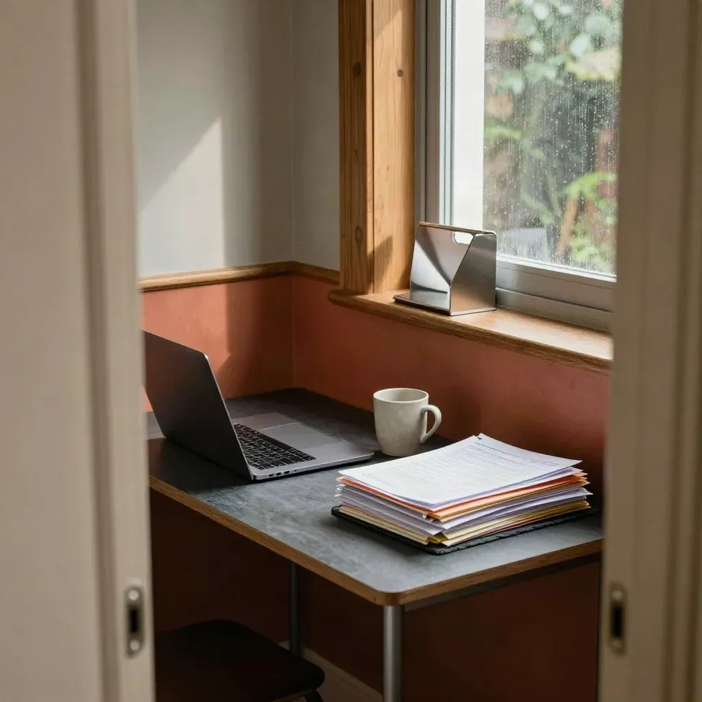 Rain-lit home-office corner with laptop, folders, mug and mail tray by a window.