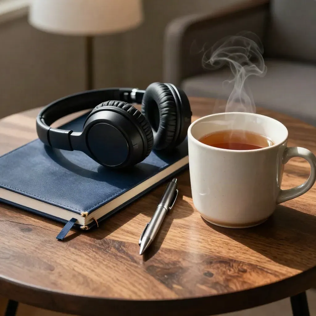 Tea-steam prep kit with headset, notebook and mug on a walnut side table.
