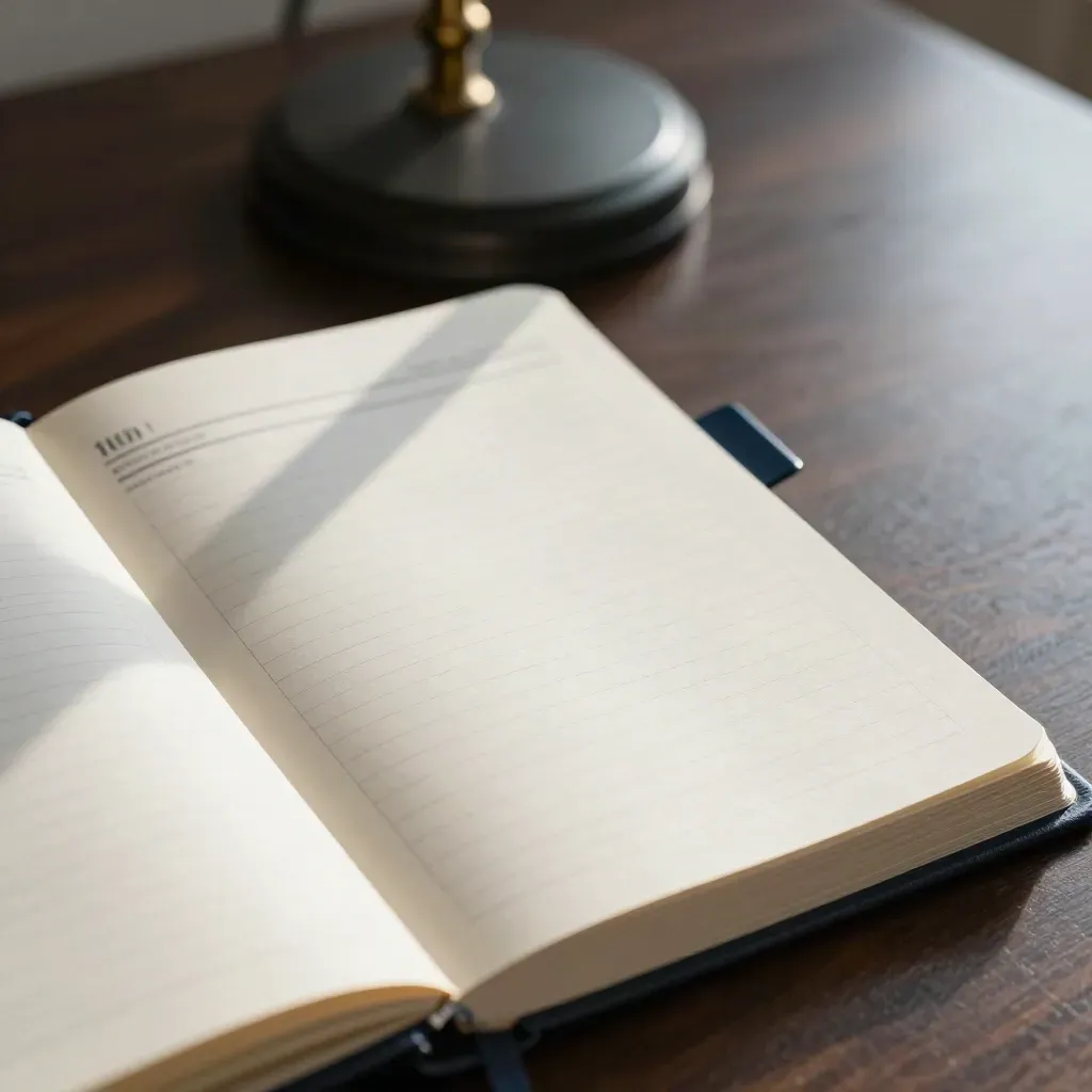 Macro of a weekly planner page, tabs, paperweight and desk lamp on a dark walnut table.
