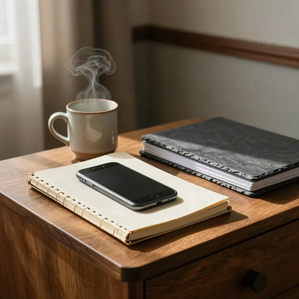 Worn notebook, phone, steaming mug and slate folder on a side desk in afternoon light.